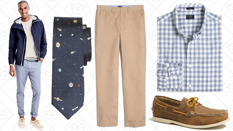 Fleet Jacket, $64 | Printed Silk Tie, $22 | Sutton Lightweight Chino, $30 | Slim Flex Washed Shirt, $30 | Classic Boat Shoes, $44